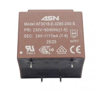 Трансформаторы силовые ASN AS3018-E-0280-240-S Герметизированныйтрансформатор 2,8Вт обмотки 220В (1+5)/24В 0,117А (7+9)#2171809