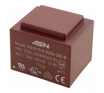 Трансформаторы силовые ASN AS3015-E-0200-240-S Герметизированныйтрансформатор 2Вт обмотки 220В (1+5)/24В 0,083А (7+9)#2171816