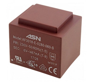 Трансформаторы силовые ASN AS3018-E-0280-060-S Герметизированныйтрансформатор 2,8Вт обмотки 220В (1+5)/6В 0,467А (7+9)#2171814