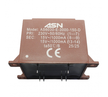 Трансформаторы силовые ASN AS6030-E-3000-150-D Герметизированныйтрансформатор 30Вт обмотки 220В (1+7)/2x15В 1А (8+9-13+14)#2172215