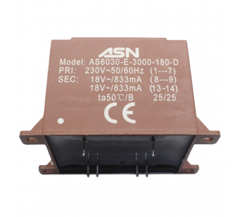 Трансформаторы силовые ASN AS6030-E-3000-180-D Герметизированныйтрансформатор 30Вт обмотки 220В (1+7)/2x18В 0,833А (8+9-13+14)#2172199