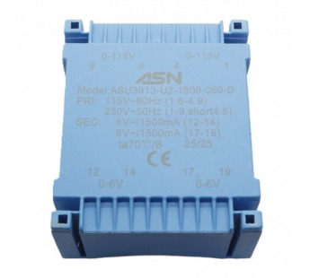Трансформаторы силовые ASN ASU3913-U2-1800-060-DГерметизированный трансформатор 18Вт обмотки 2x110В (1+4-6+9,1B)/2x6В 1,5А (12+14-17+19)#2172175
