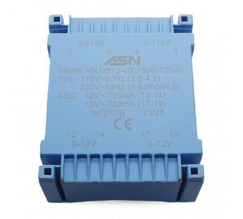 Трансформаторы силовые ASN ASU3913-U2-1800-120-DГерметизированный трансформатор 18Вт обмотки 2x110В (1+4-6+9,1B)/2x12В 0,75А (12+14-17+19)#2172172