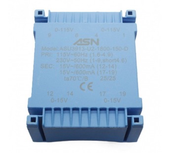 Трансформаторы силовые ASN ASU3913-U2-1800-150-DГерметизированный трансформатор 18Вт обмотки 2x110В (1+4-6+9,1B)/2x15В 0,6А (12+14-17+19)#2172155