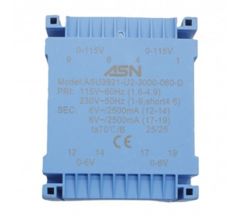 Трансформаторы силовые ASN ASU3921-U2-3000-060-DГерметизированный трансформатор 30Вт обмотки 2x110В (1+4-6+9,1B)/2x6В 2,5А (12+14-17+19)#2171762