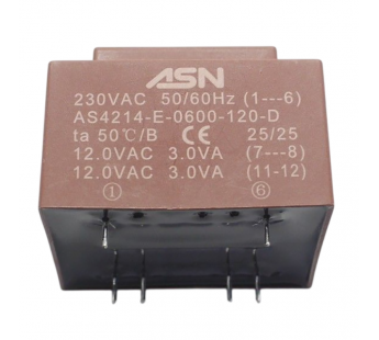 Трансформаторы силовые ASN AS4214-E-0600-120-D Герметизированныйтрансформатор 6Вт обмотки 220В (1+6)/2x12В 0,25А (7+8-11+12)#2171777