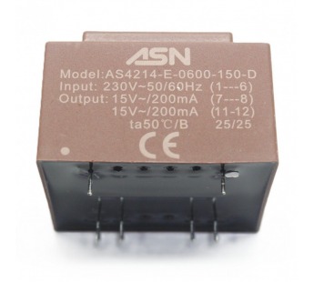 Трансформаторы силовые ASN AS4214-E-0600-150-D Герметизированныйтрансформатор 6Вт обмотки 220В (1+6)/2x15В 0,2А (7+8-11+12)#2171774