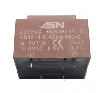 Трансформаторы силовые ASN AS4214-E-0600-150-S Герметизированныйтрансформатор 6Вт обмотки 220В (1+6)/15В 0,4А (8+11)#2171773