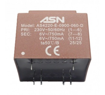 Трансформаторы силовые ASN AS4220-E-0900-060-D Герметизированныйтрансформатор 9Вт обмотки 220В (1+6)/2x6В 0,75А (7+8-11+12)#2172300