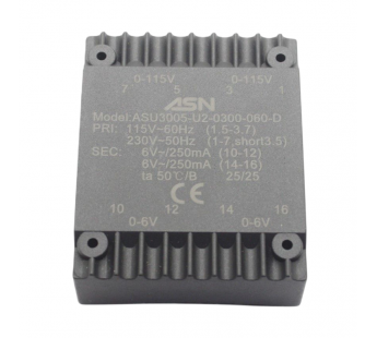 Трансформаторы силовые ASN ASU3005-U2-0300-060-DГерметизированный трансформатор 3Вт обмотки 2x110В (1+3-5+7,1B)/2x6В 0,25А (10+12-14+16)#2172192