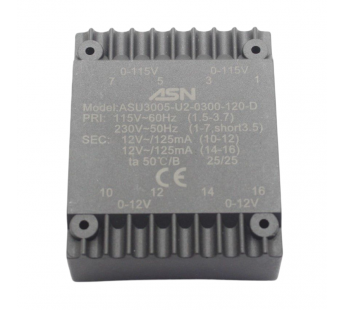 Трансформаторы силовые ASN ASU3005-U2-0300-120-DГерметизированный трансформатор 3Вт обмотки 2x110В (1+3-5+7,1B)/2x12В 0,125А (10+12-14+16)#2172191