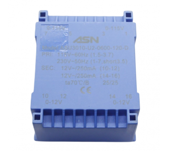 Трансформаторы силовые ASN ASU3010-U2-0600-120-DГерметизированный трансформатор 6Вт обмотки 2x110В (1+3-5+7,1B)/2x12В 0,25А (10+12-14+16)#2172181
