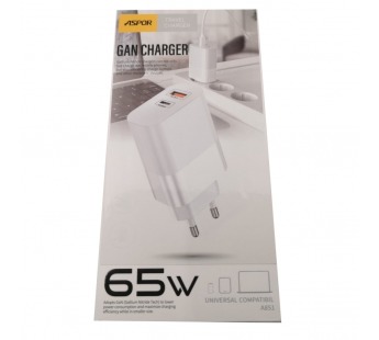 ASPOR Сетевое зарядное устройство (USB-C+USB-A) Dual Fast Charging.QC3.0, PD 65W (A851) ASPOR (белый)#2172878