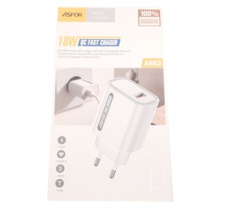 ASPOR Сетевое зарядное устройство USB 3000mA QC 18W FastCharging, (A803) ASPOR (белый)#2173046