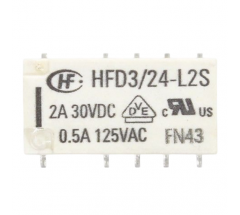 Реле электромагнитные HONGFA HFD3/24-L2SR Реле 24В DPDT 125В0,5А (AgNi+Au) сигнальное с фиксацией 2 катушки SMT [G6SK-2F-YDC24]#2173035