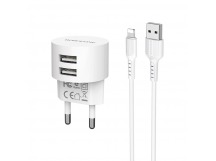 Сетевое зарядное устройство BOROFONE BA23A, 2USB+кабель Apple, 2,4А, цвет белый