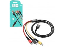 Кабель USB DENMEN D02E (2.4A Fast Charge - 1 м.) текстильный 3 в 1 (разъём Micro/Lightning/Type-C, цвет чёрный, в коробочке)