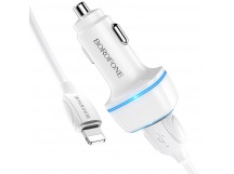 Адаптер Автомобильный Borofone BZ14 Max 2USB/5V/2.4A + кабель Apple lightning (white)
