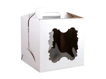 Коробка под торт 300*300*300мм квад/белая склад без ламин 2 фигурных окна с ручками 1/5/50шт