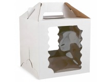 Коробка под торт 240*240*260мм квад/белая склад без ламин 2 фигурных окна с ручками 1/5/50шт