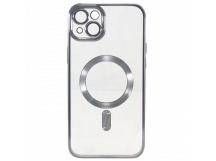 Чехол силиконовый iPhone 14 Magsafe прозрачный с защитой камеры серебристый
