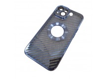 Чехол силиконовый iPhone 14 под карбон с открытым лого и защитой камеры голубой