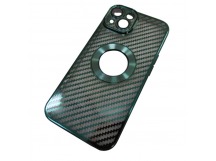 Чехол силиконовый iPhone 14 под карбон с открытым лого и защитой камеры зеленый