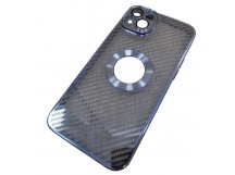 Чехол силиконовый iPhone 14 Plus под карбон с открытым лого и защитой камеры голубой