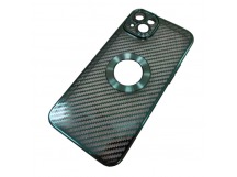 Чехол силиконовый iPhone 14 Plus под карбон с открытым лого и защитой камеры зеленый