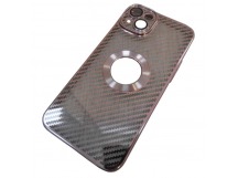 Чехол силиконовый iPhone 14 Plus под карбон с открытым лого и защитой камеры светло-розовый