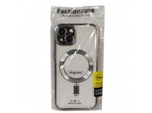 Чехол для iPhone 14 Magsafe прозрачный с защитой камеры, серебристый