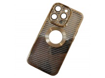 Чехол силиконовый iPhone 14 Pro под карбон с открытым лого и защитой камеры желтый