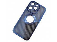 Чехол силиконовый iPhone 14 Pro под карбон с открытым лого и защитой камеры синий