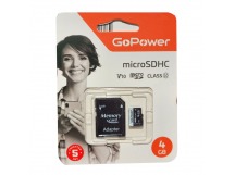 Карта памяти MicroSD 4 GB GoPower Class10 15 МБ/сек V10 с адаптером