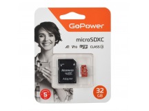 Карта памяти MicroSDHC 32GB GoPower (UHS-I, U3, class10, 80мб/сек V10) c адаптером SD