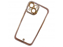 Чехол силиконовый iPhone 14 ободок со стразами и защитой камеры розовый