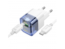 Адаптер Сетевой Hoco C131a PD USB/Type-C 30W + кабель Type-C-Type-C (transparent blue) (222419)