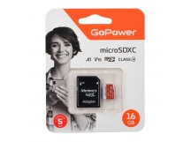 Карта памяти MicroSDXC 16GB GoPower (UHS-I, U3, class10, 80мб/сек V10) c адаптером SD