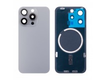 Задняя крышка для iPhone 15 Pro (A3102) в сборе со стеклом камеры Серый (стекло, монолит, MagSafe, логотип) - Премиум