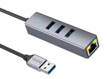 Адаптер-Хаб Hoco HB34 (USB to USB3.0*3+RJ45), серый
