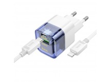Адаптер Сетевой с кабелем Hoco C131a USB/Type-C 30W (Type-C/Lightning) (transparent blue) (222417)