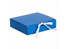 Коробка подарочная картон 200*180*50мм прям/синяя складная с бантиком 1/150шт