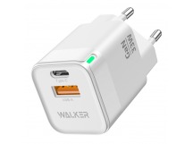 СЗУ WALKER WH-43 GaN, 3А, 33Вт, USBx1/Type-Cx1, быстрая зарядка QC 3.0+PD, блочок, белое