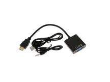 Переходник шт. HDMI - гн. VGA + гн.3,5, активный, шнур шт.3,5мм-шт.3,5мм в комплекте, чёрный GoPower