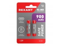 Аккумулятор ААА, 900 мАч, 2 шт, зарядка от USB Type-C Rexant