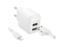 Адаптер Сетевой с кабелем Borofone BAS41A Potential 2USB 2,4A/12W (Lightning/USB) (white) (235125)