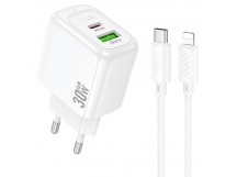 СЗУ с выходом USB Hoco CS55A (PD30W/QC/1USB C/1USB/кабель Type-C - Lightning) белое