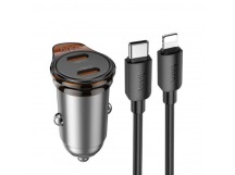 Блок питания автомобильный 2 Type-C HOCO NZ16B Rigorous, 3.0A, QC3.0, PD45Вт, кабель Type-C - 8 pin, цвет: серый (1/13/130)