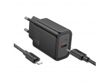 Блок питания сетевой 1 Type-C HOCO N62 Gentle, 3.0A, PD30Вт, кабель Type-C - 8 pin, цвет: чёрный (1/12/120)