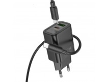 Блок питания сетевой 1 USB, 1 Type-C HOCO N61 Gentle, 3.0A, PD20Вт, кабель Type-C - 8 pin, цвет: чёрный (1/12/120)